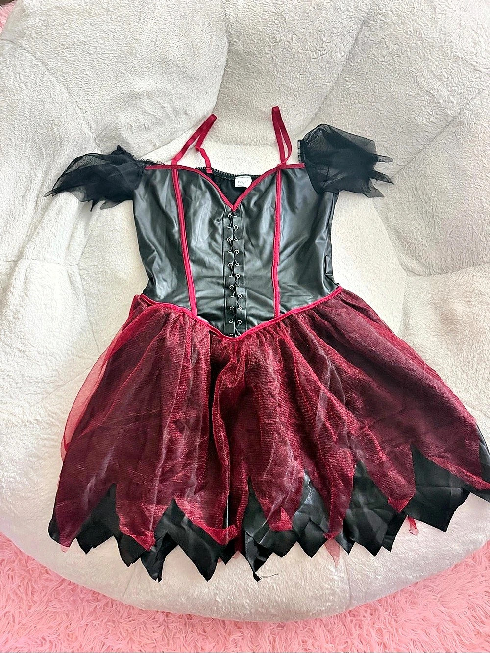 Women Gothic Witch Halloween Costume Black Red mini dress tulle skirt corset S